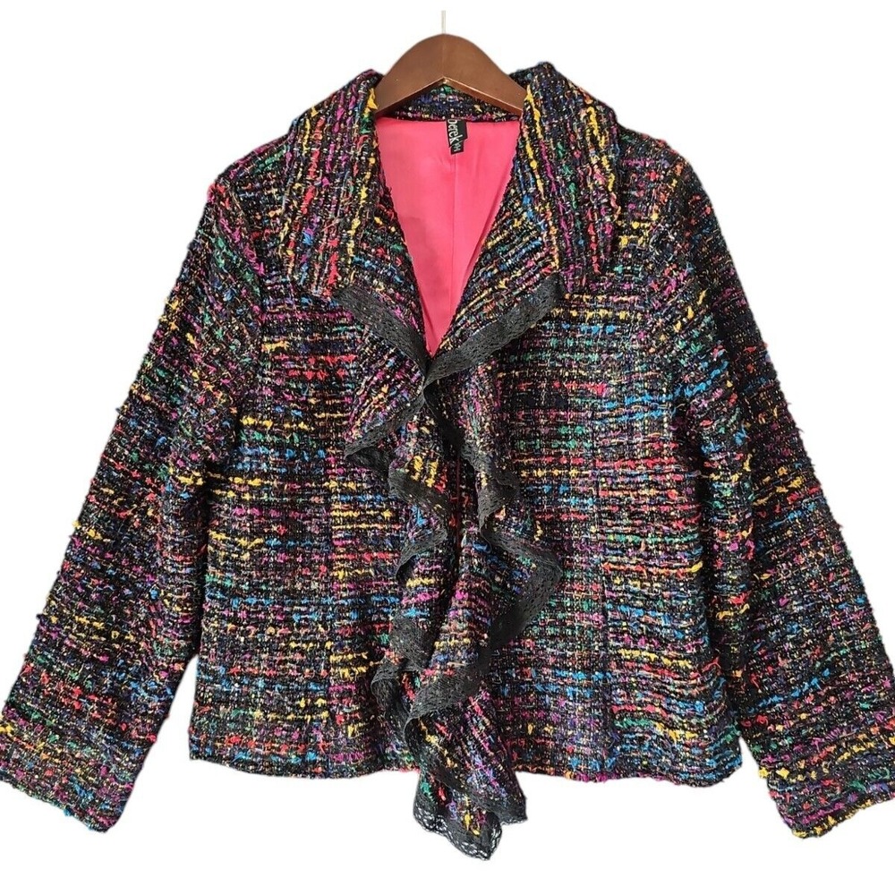 BEREK Women's Ruffle Front Boucle Multicolor Lace Trim Latch Hook Jacket XL MA01